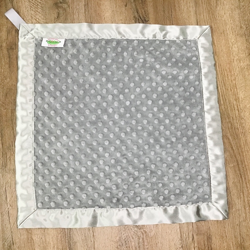SWEET Peas Gray Baby Blanket Soft Lovey Minky Dot Security Satin Trim 18”x18”